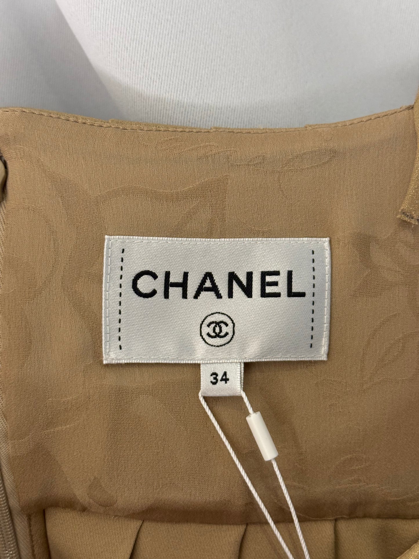 Chanel Georgette Crepe guld klänning fr 34 SV14853
