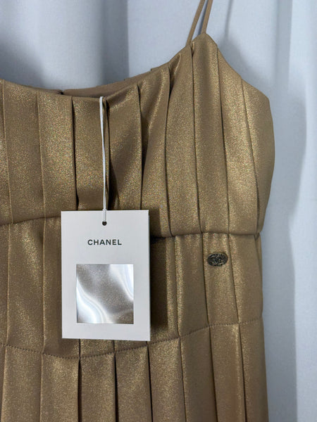Chanel Georgette Crepe guld klänning fr 34 SV14853